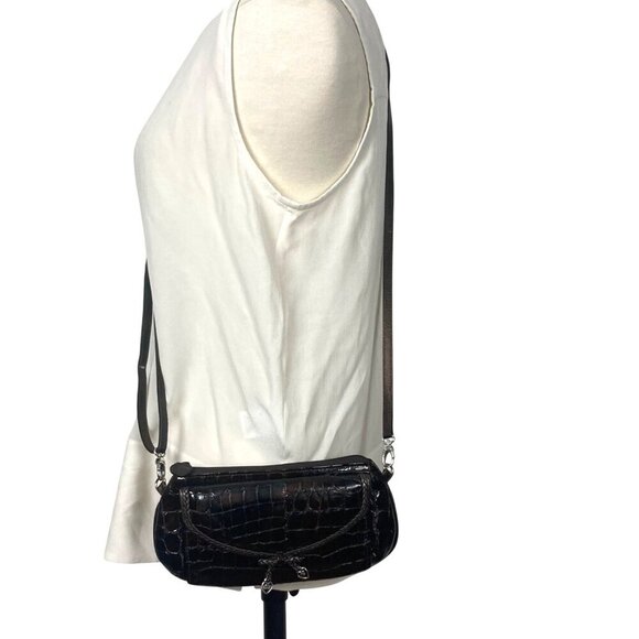 Brighton Croc Embossed Patent Leather Brown Cross Body Bag Converts To Clutch - Picture 2 of 10